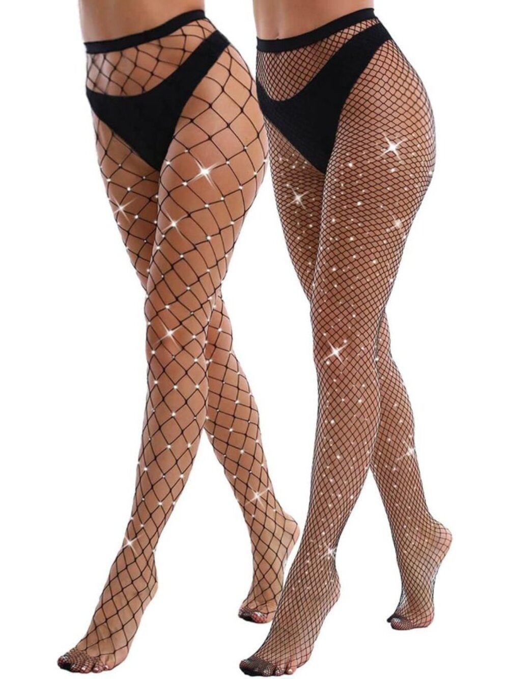 Sparkly Fishnet Tights Set - Large & Medium Glitter Rhinestone Stockings for